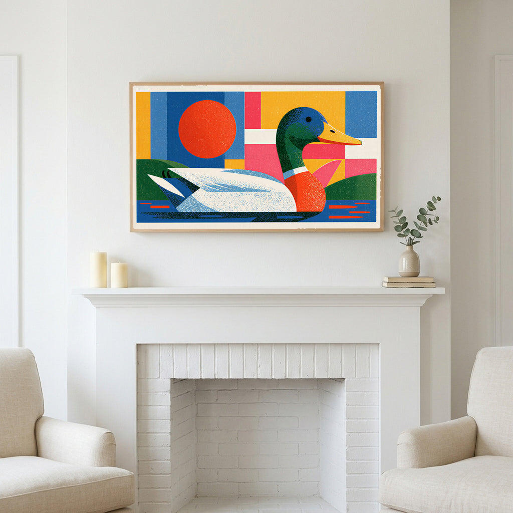 Colorful geometric mallard art above a white fireplace with candles and eucalyptus on the mantel