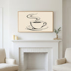 Coffee cup line art art above a white fireplace with candles and eucalyptus on the mantel