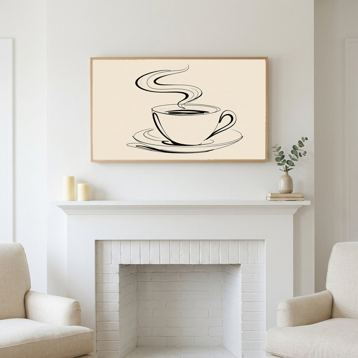 Coffee cup line art art above a white fireplace with candles and eucalyptus on the mantel