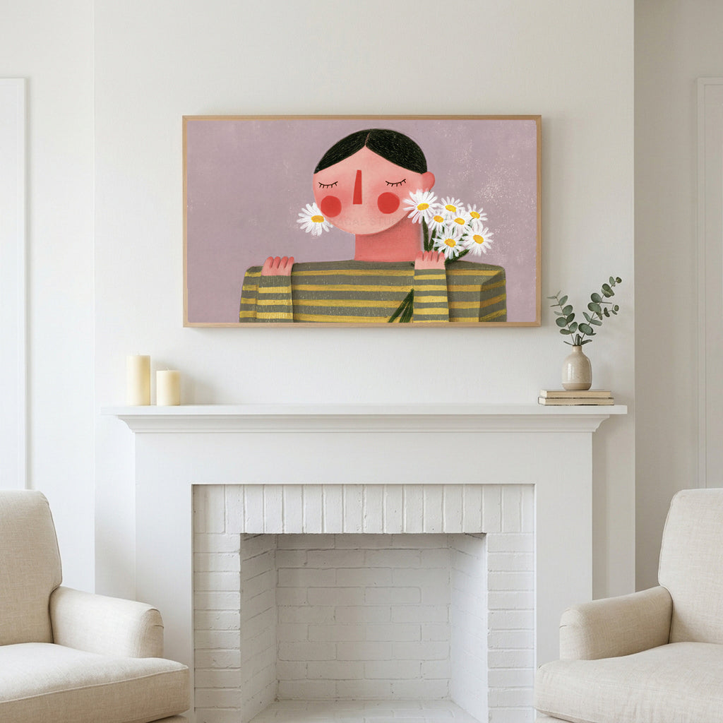 Rosy cheeks daisy portrait art above a white fireplace with candles and eucalyptus on the mantel