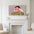 Rosy cheeks daisy portrait art above a white fireplace with candles and eucalyptus on the mantel
