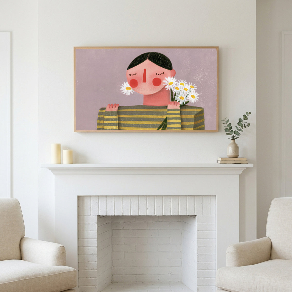 Rosy cheeks daisy portrait art above a white fireplace with candles and eucalyptus on the mantel