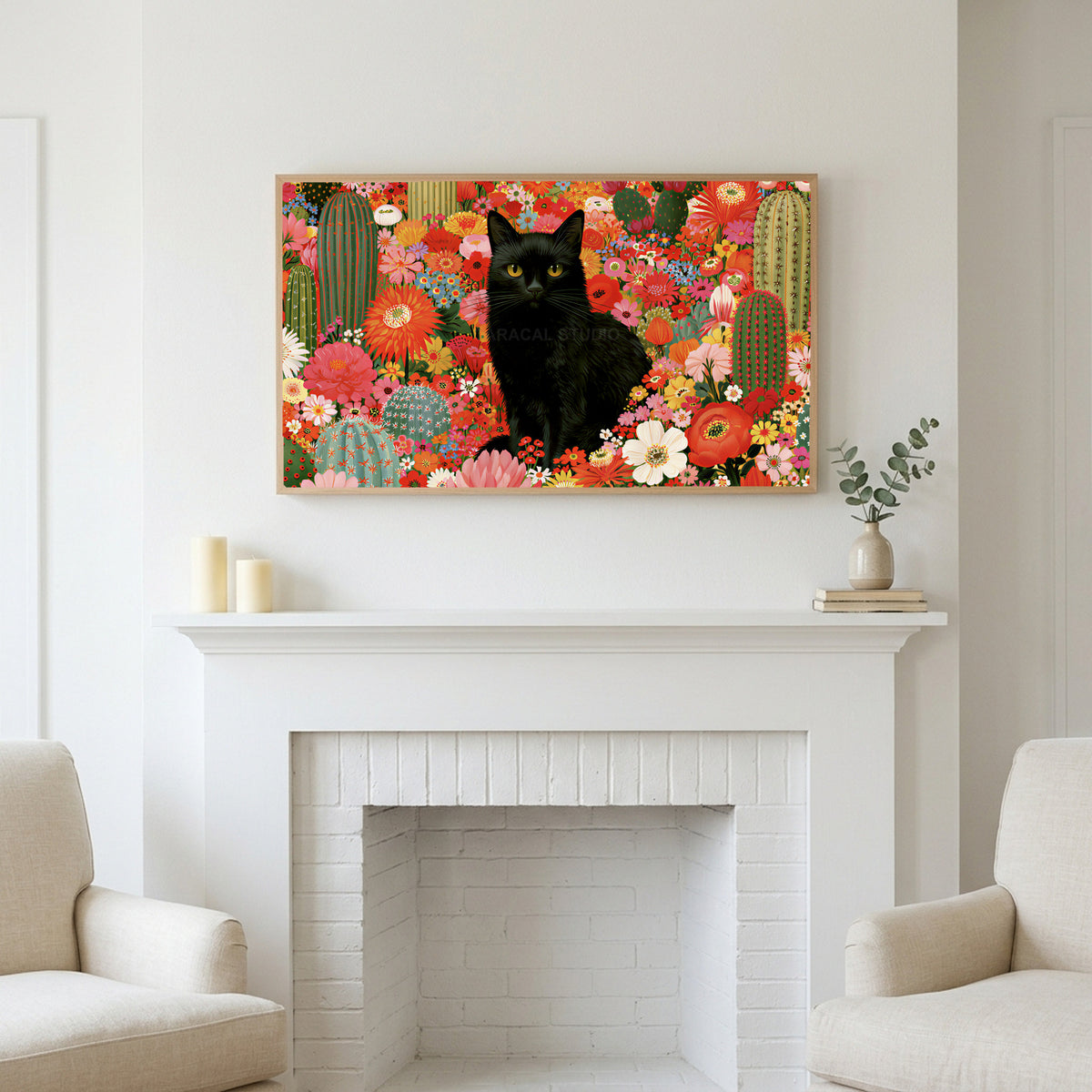 Frame TV art above a white fireplace with candles and eucalyptus on the mantel