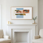 Eye collage art above a white fireplace with candles and eucalyptus on the mantel