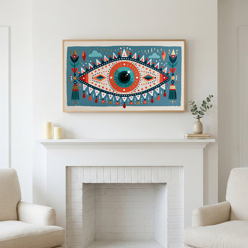 Folk art mystic eye art above a white fireplace with candles and eucalyptus on the mantel
