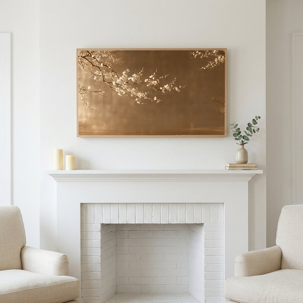 Japanese blossom art above a white fireplace with candles and eucalyptus on the mantel
