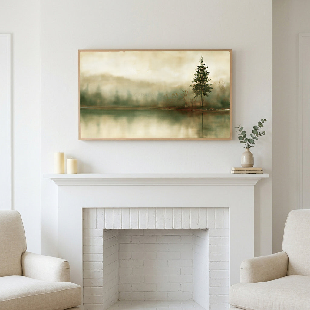 Misty lake pine art above a white fireplace with candles and eucalyptus on the mantel