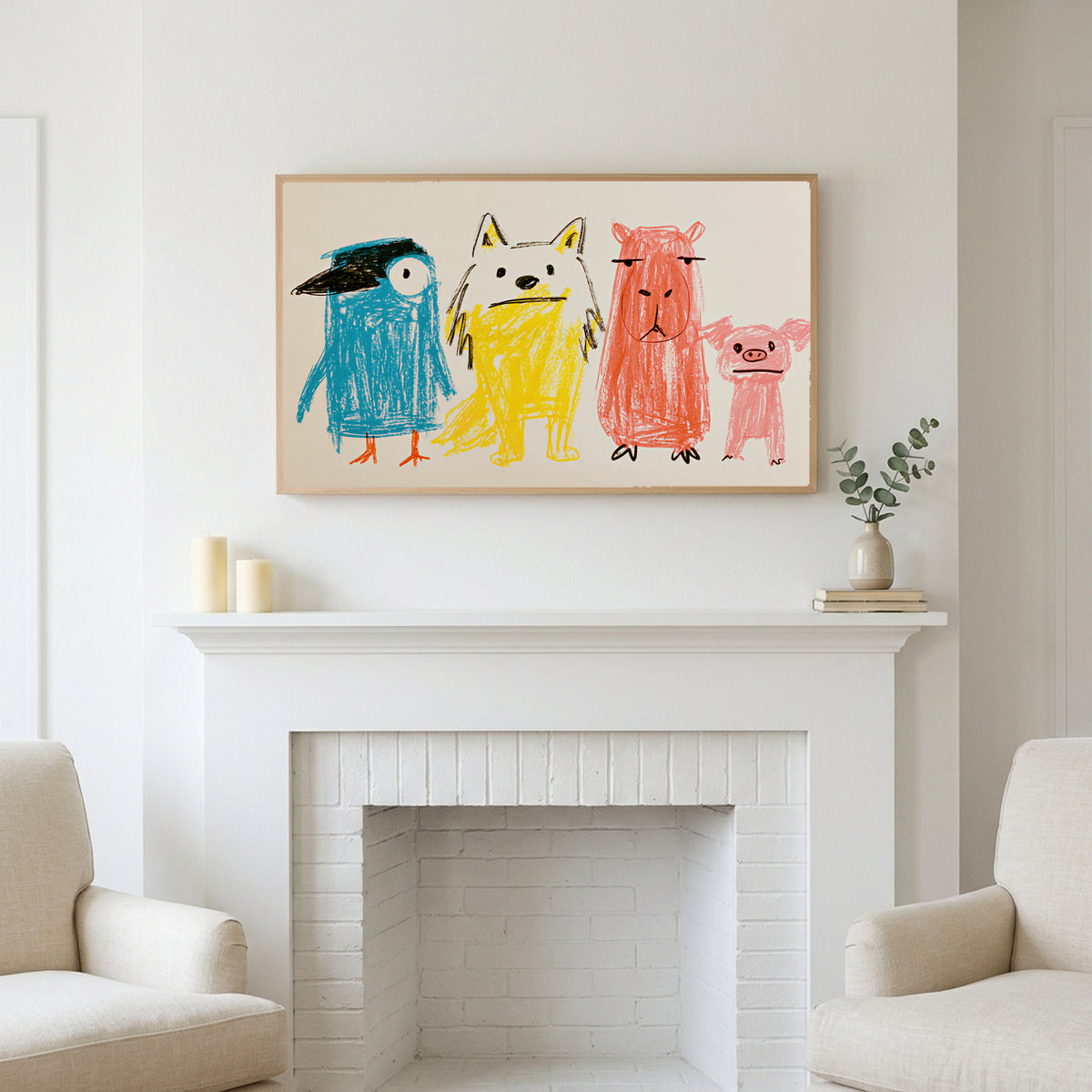 Frame TV art above a white fireplace with candles and eucalyptus on the mantel