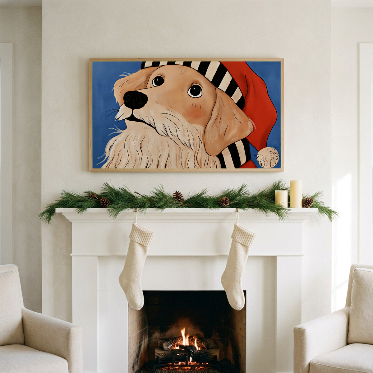 Golden retriever in a Santa hat art on a TV above a white fireplace with a pine garland and cream stockings