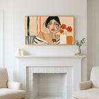 Woman with poppies portrait art above a white fireplace with candles and eucalyptus on the mantel