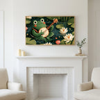 Frog playing a banjo art above a white fireplace with candles and eucalyptus on the mantel