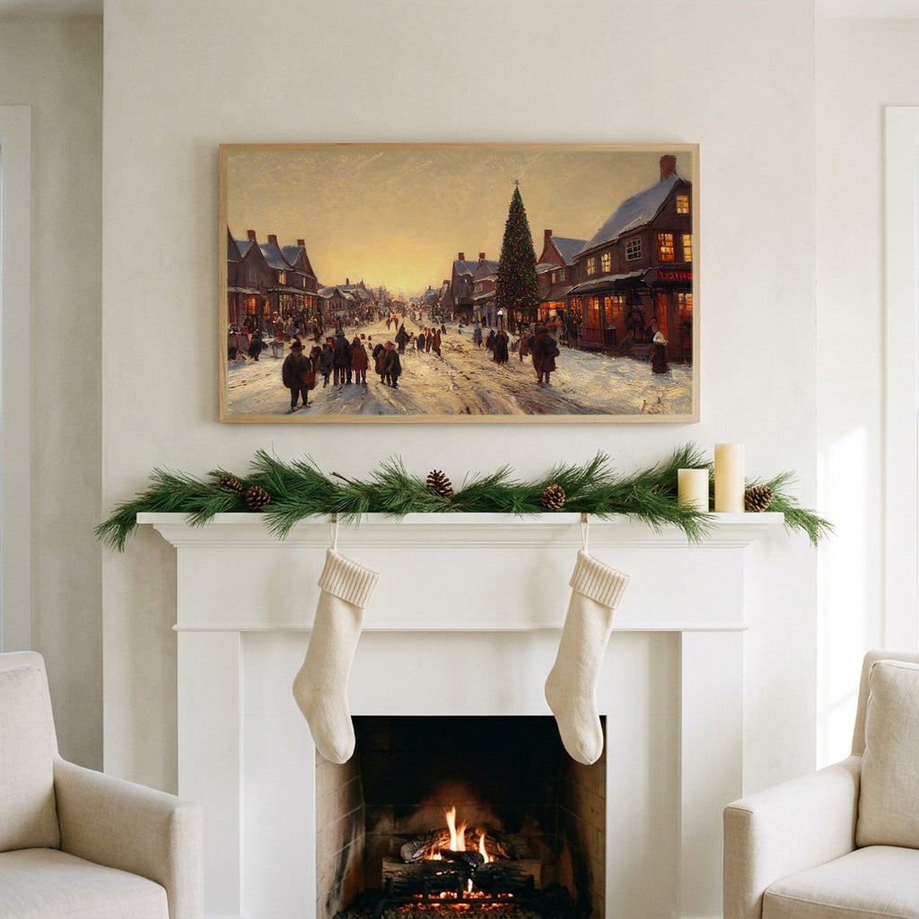 Village street with a big tree art on a TV above a white fireplace with a pine garland and cream stockings