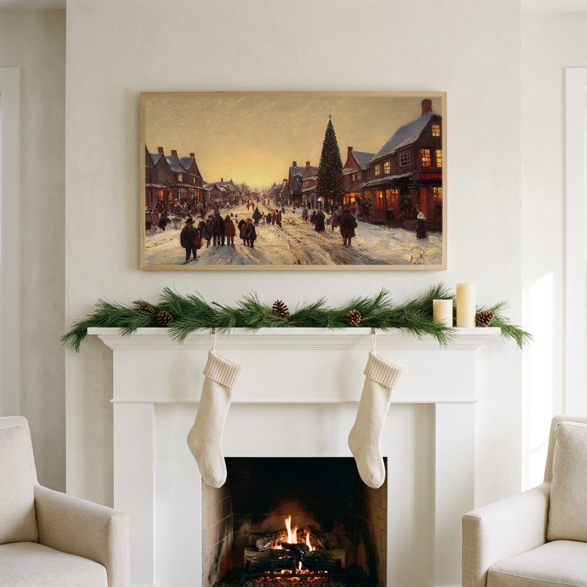 Village street with a big tree art on a TV above a white fireplace with a pine garland and cream stockings