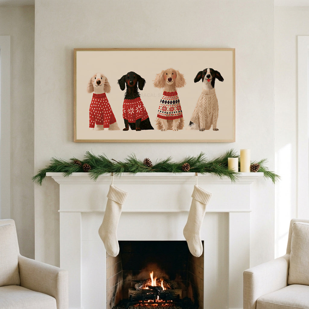 Dogs in holiday sweaters art on a TV above a white fireplace with a pine garland and cream stockings