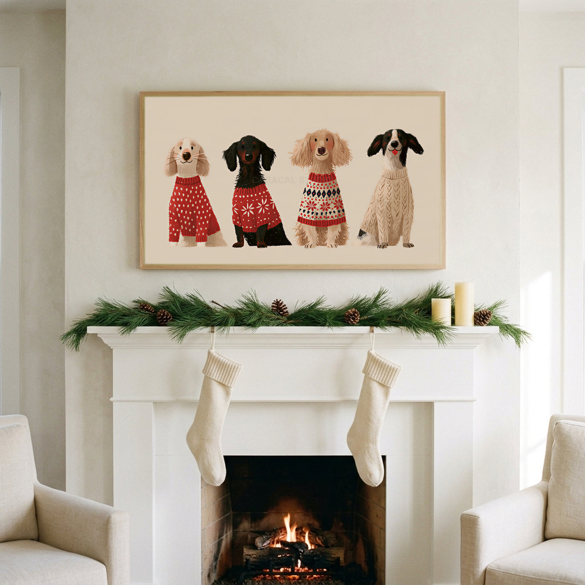 Dogs in holiday sweaters art on a TV above a white fireplace with a pine garland and cream stockings