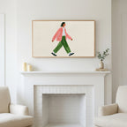 Frame TV art above a white fireplace with candles and eucalyptus on the mantel