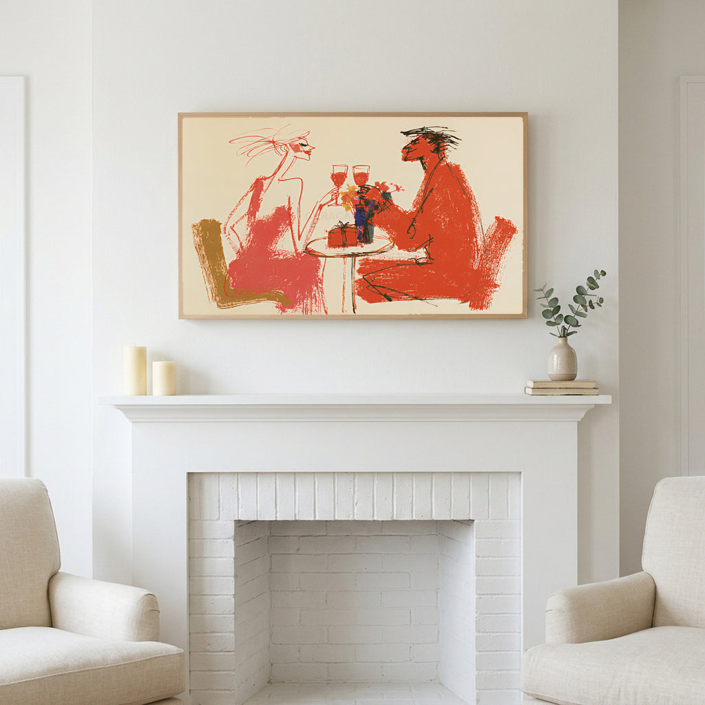 Frame TV art above a white fireplace with candles and eucalyptus on the mantel