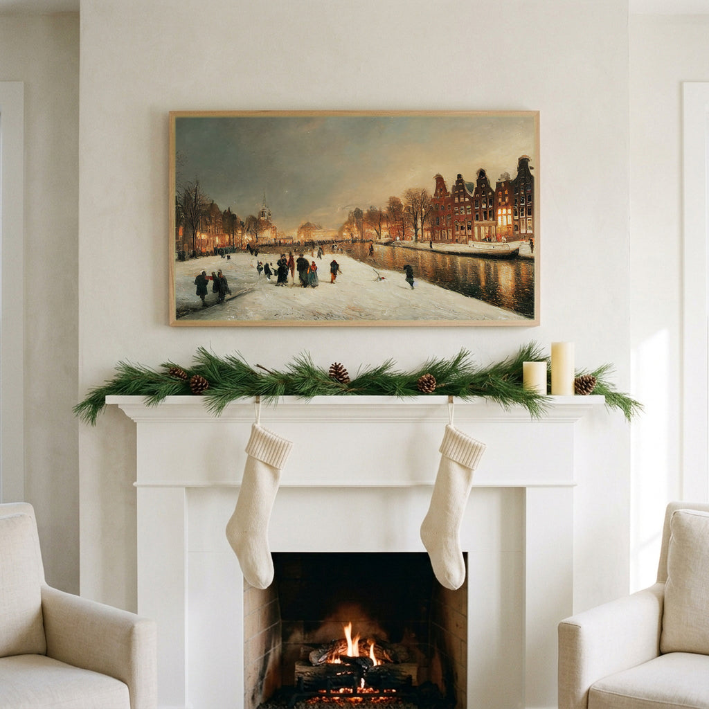 Amsterdam canal in snow art on a TV above a white fireplace with a pine garland and cream stockings