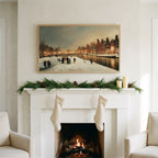 Amsterdam canal in snow art on a TV above a white fireplace with a pine garland and cream stockings
