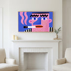 Frame TV art above a white fireplace with candles and eucalyptus on the mantel