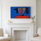 Grumpy naive portrait art above a white fireplace with candles and eucalyptus on the mantel