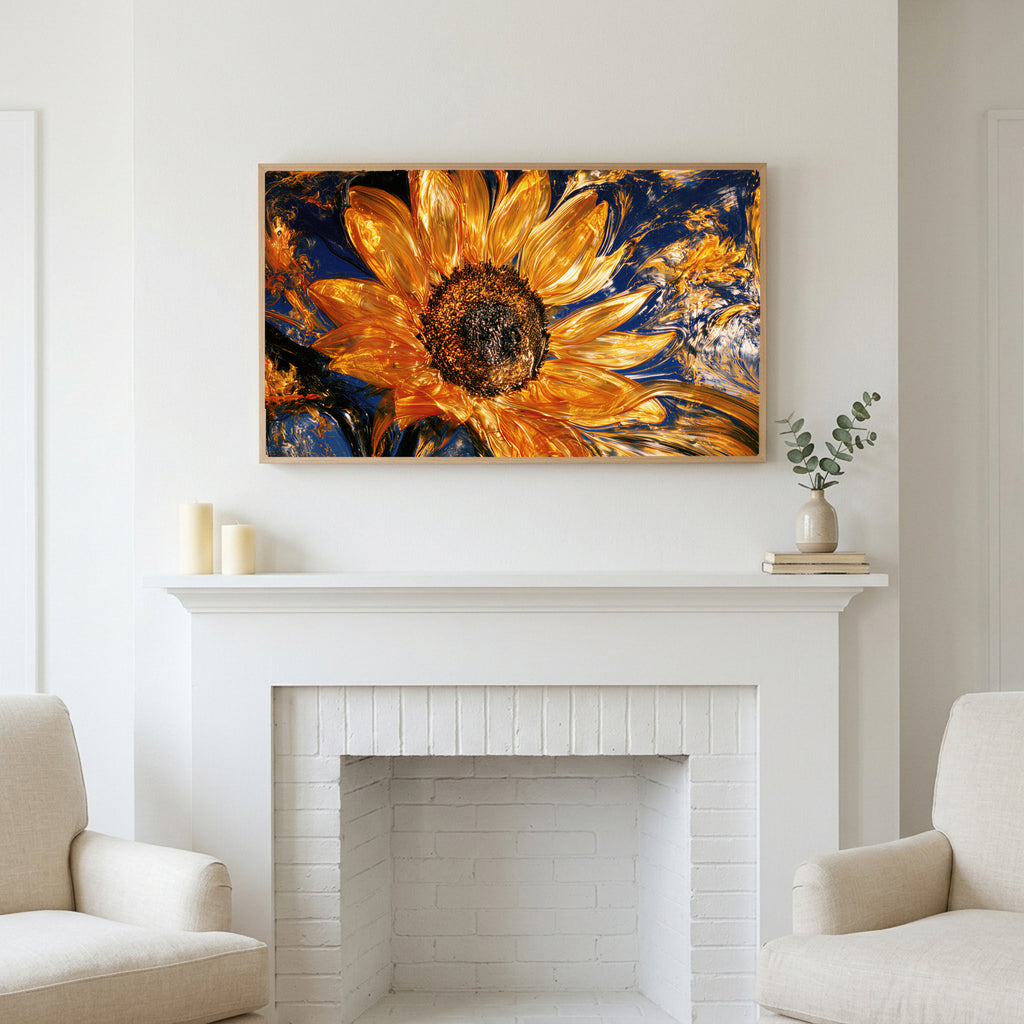 Swirling golden sunflower art above a white fireplace with candles and eucalyptus on the mantel