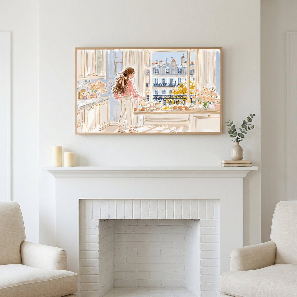 Paris morning tea art above a white fireplace with candles and eucalyptus on the mantel