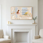 Paris morning tea art above a white fireplace with candles and eucalyptus on the mantel