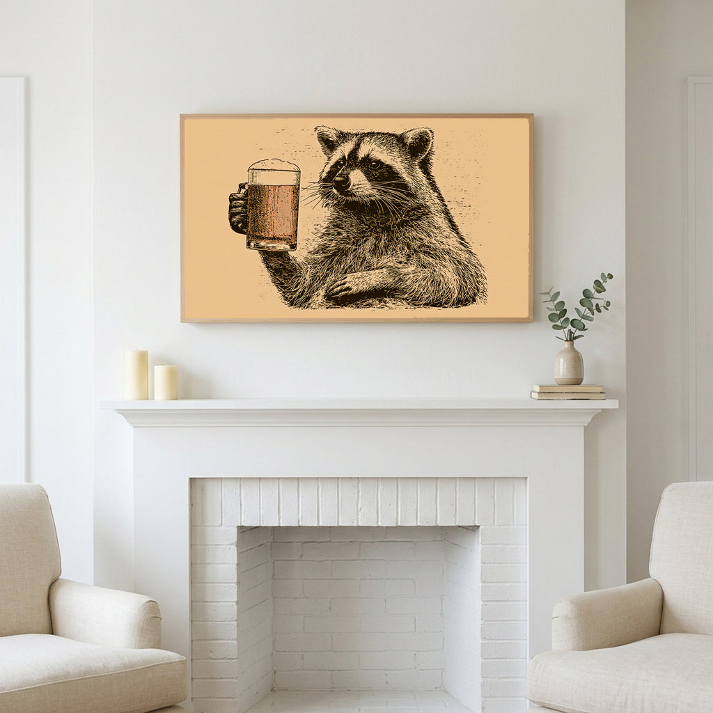 Beer raccoon art above a white fireplace with candles and eucalyptus on the mantel