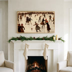 Ice skating art on a TV above a white fireplace with a pine garland and cream stockings