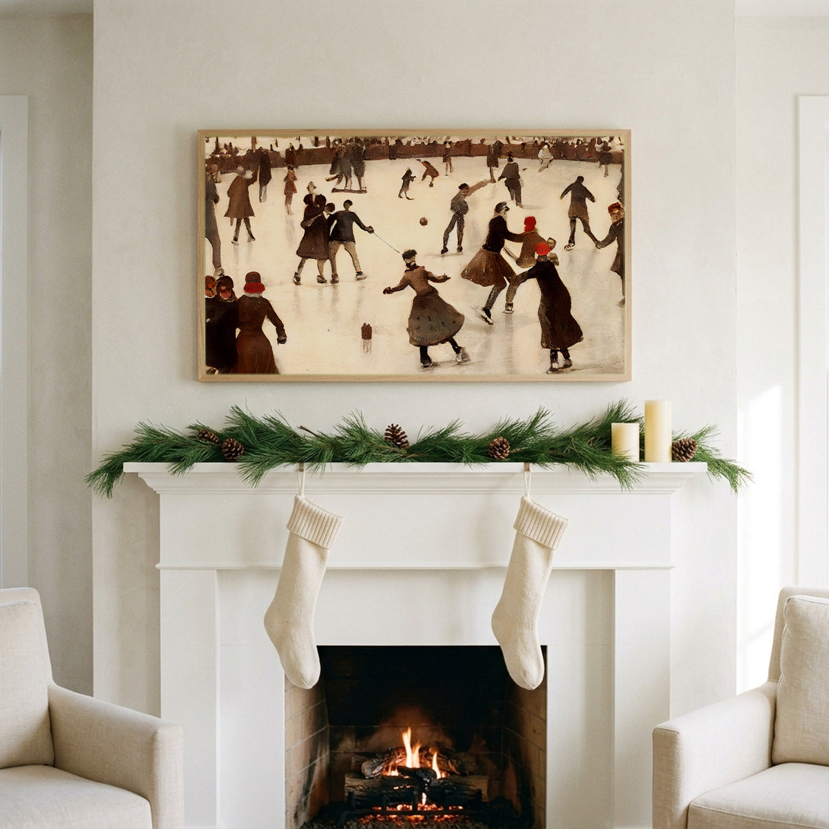 Ice skating art on a TV above a white fireplace with a pine garland and cream stockings