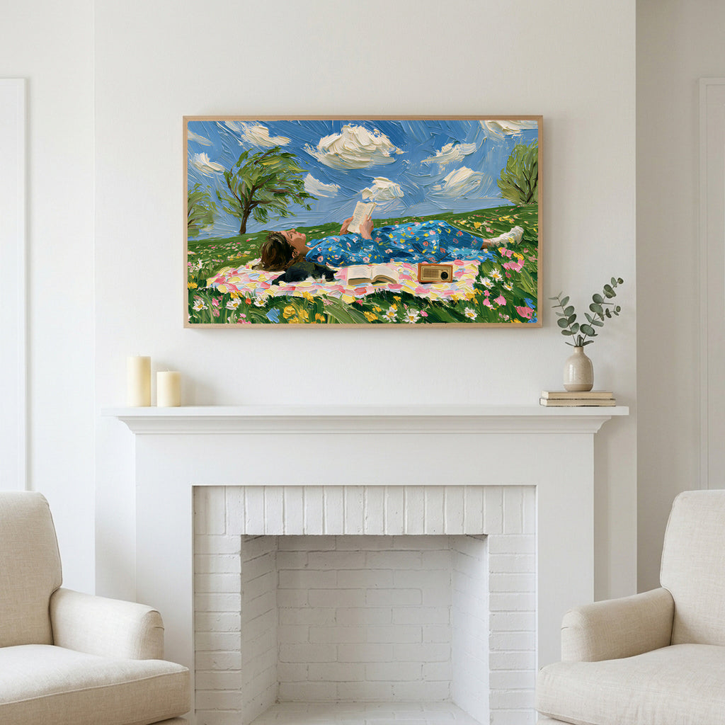 Picnic reader in a meadow art above a white fireplace with candles and eucalyptus on the mantel
