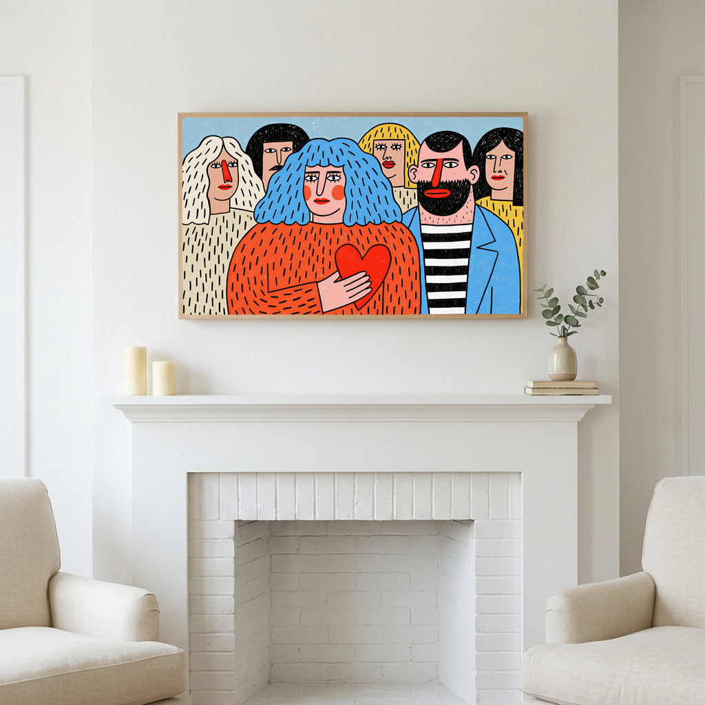 Colorful naive crowd with a heart art above a white fireplace with candles and eucalyptus on the mantel