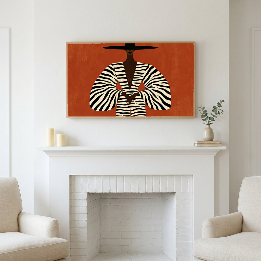 Frame TV art above a white fireplace with candles and eucalyptus on the mantel