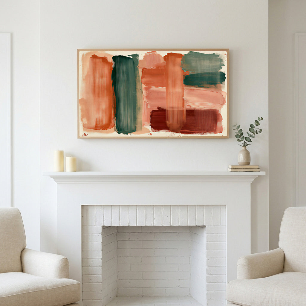 Boho brushstroke art above a white fireplace with candles and eucalyptus on the mantel