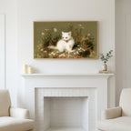 White kitten art above a white fireplace with candles and eucalyptus on the mantel