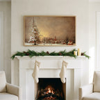 Snowy tree and village art on a TV above a white fireplace with a pine garland and cream stockings