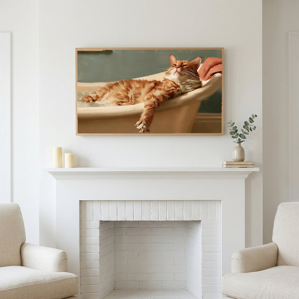 Cat in a bathtub art above a white fireplace with candles and eucalyptus on the mantel