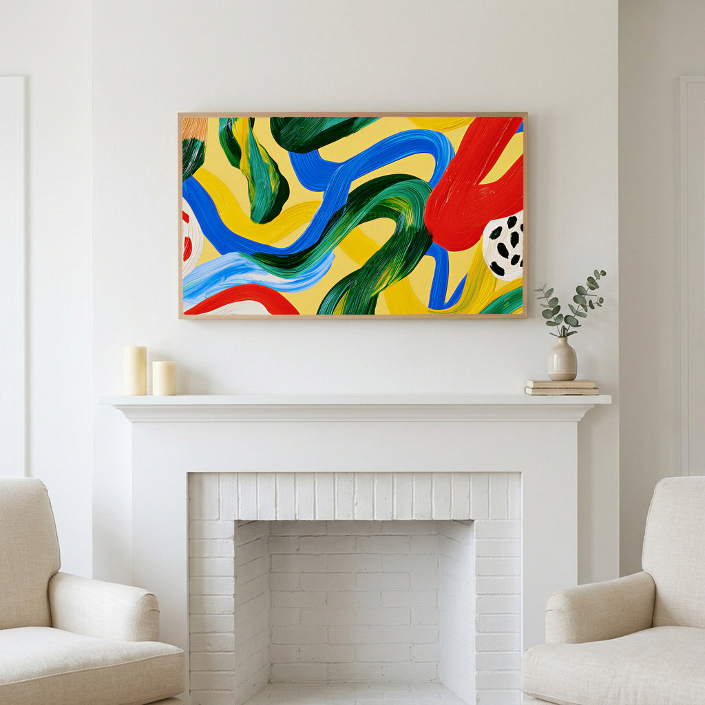 Colorful brushstroke loops art above a white fireplace with candles and eucalyptus on the mantel