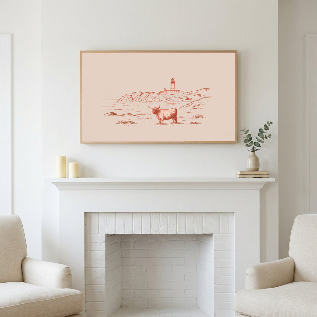 Highland cow lighthouse art above a white fireplace with candles and eucalyptus on the mantel