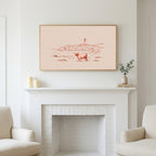 Highland cow lighthouse art above a white fireplace with candles and eucalyptus on the mantel