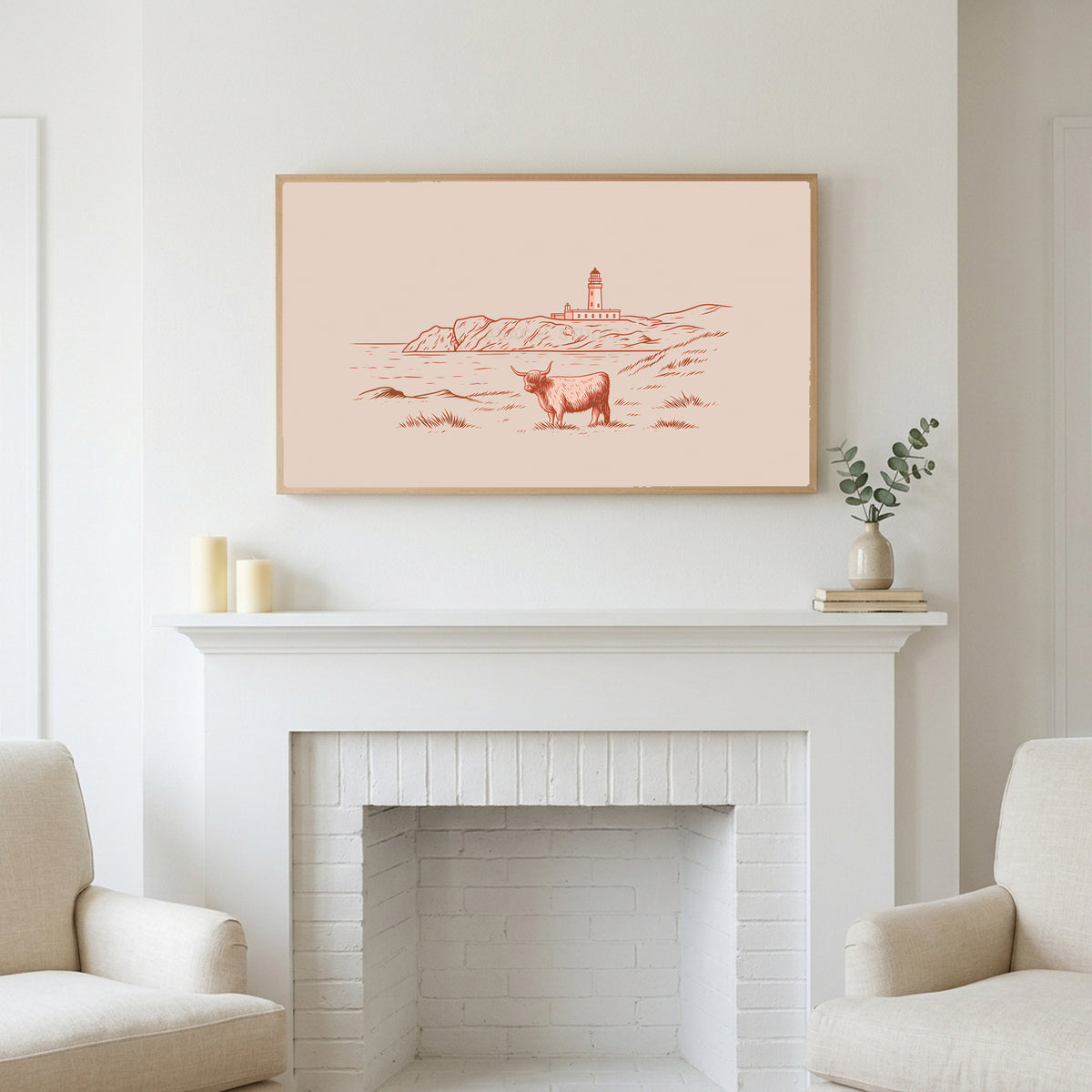 Highland cow lighthouse art above a white fireplace with candles and eucalyptus on the mantel