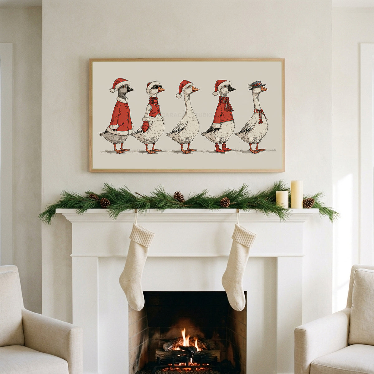 Geese in Santa hats art on a TV above a white fireplace with a pine garland and cream stockings