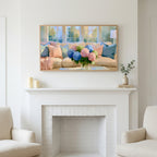 Pastel hydrangea bouquet art above a white fireplace with candles and eucalyptus on the mantel