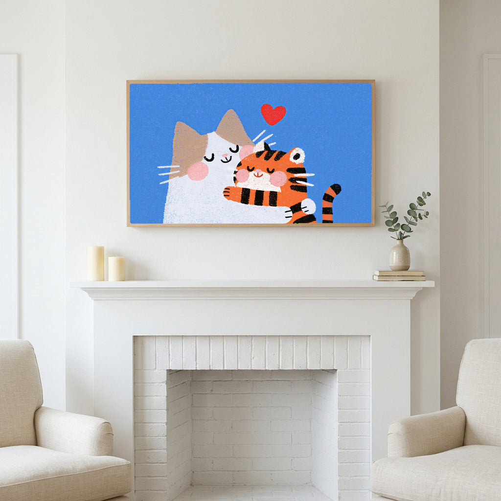 Frame TV art above a white fireplace with candles and eucalyptus on the mantel