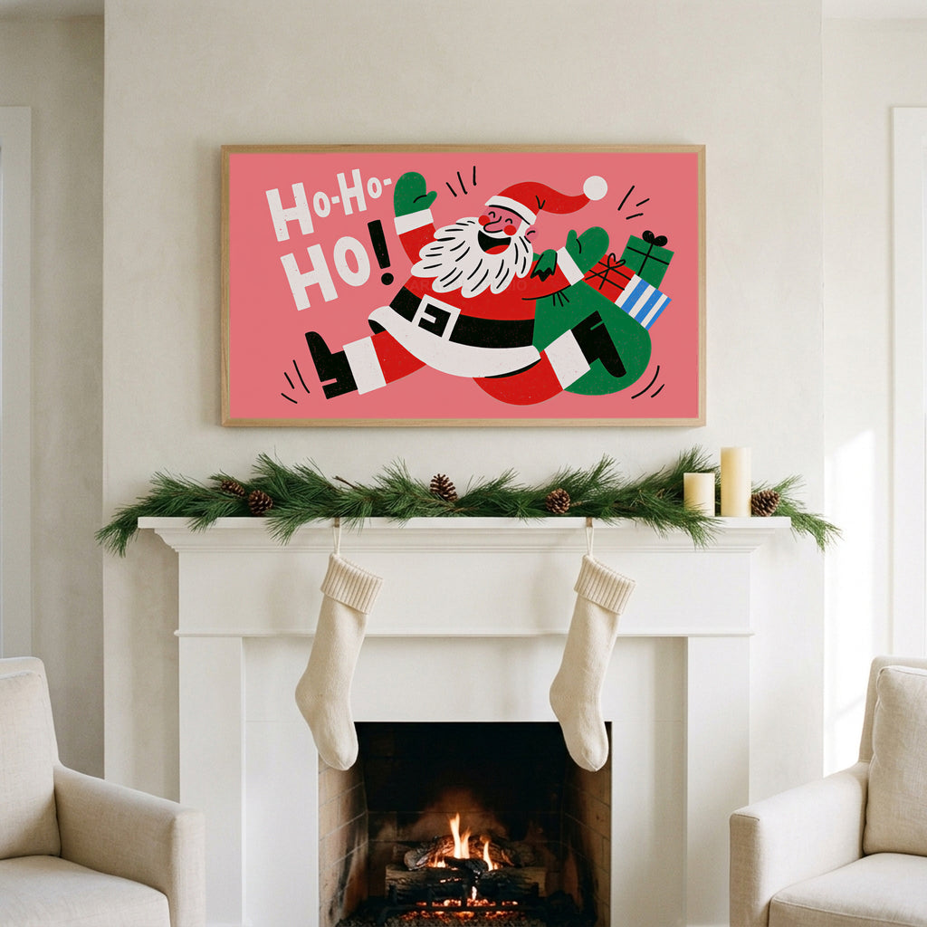 Jumping Santa art on a TV above a white fireplace with a pine garland and cream stockings