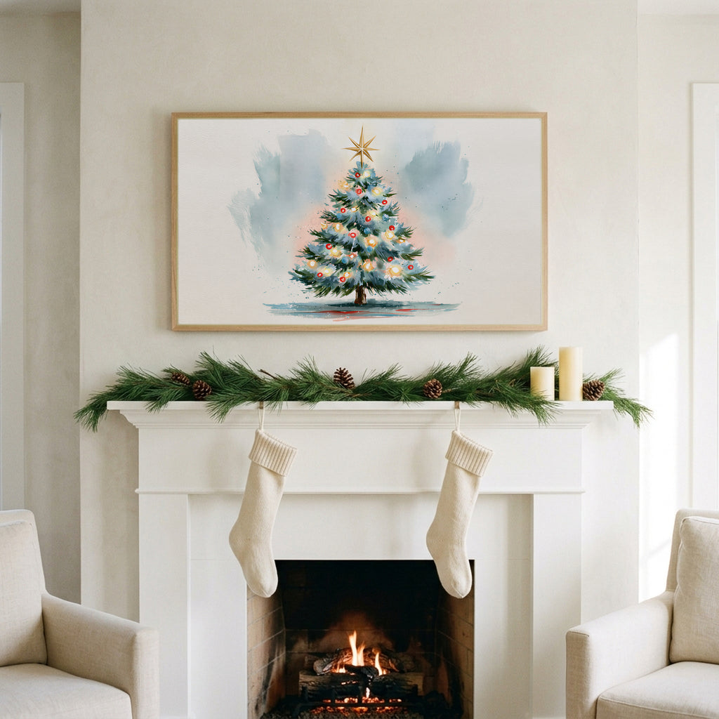 Watercolor Christmas tree art on a TV above a white fireplace with a pine garland and cream stockings