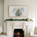 Watercolor Christmas tree art on a TV above a white fireplace with a pine garland and cream stockings