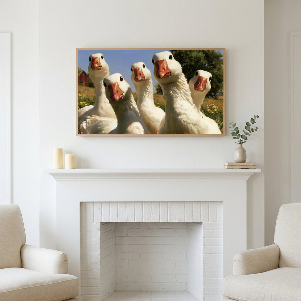 Frame TV art above a white fireplace with candles and eucalyptus on the mantel