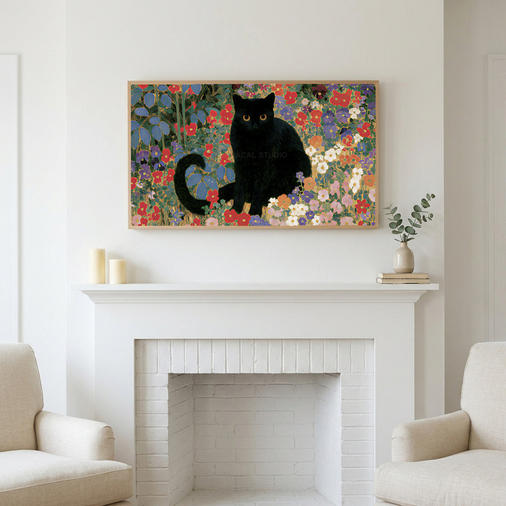 Black cat garden art above a white fireplace with candles and eucalyptus on the mantel